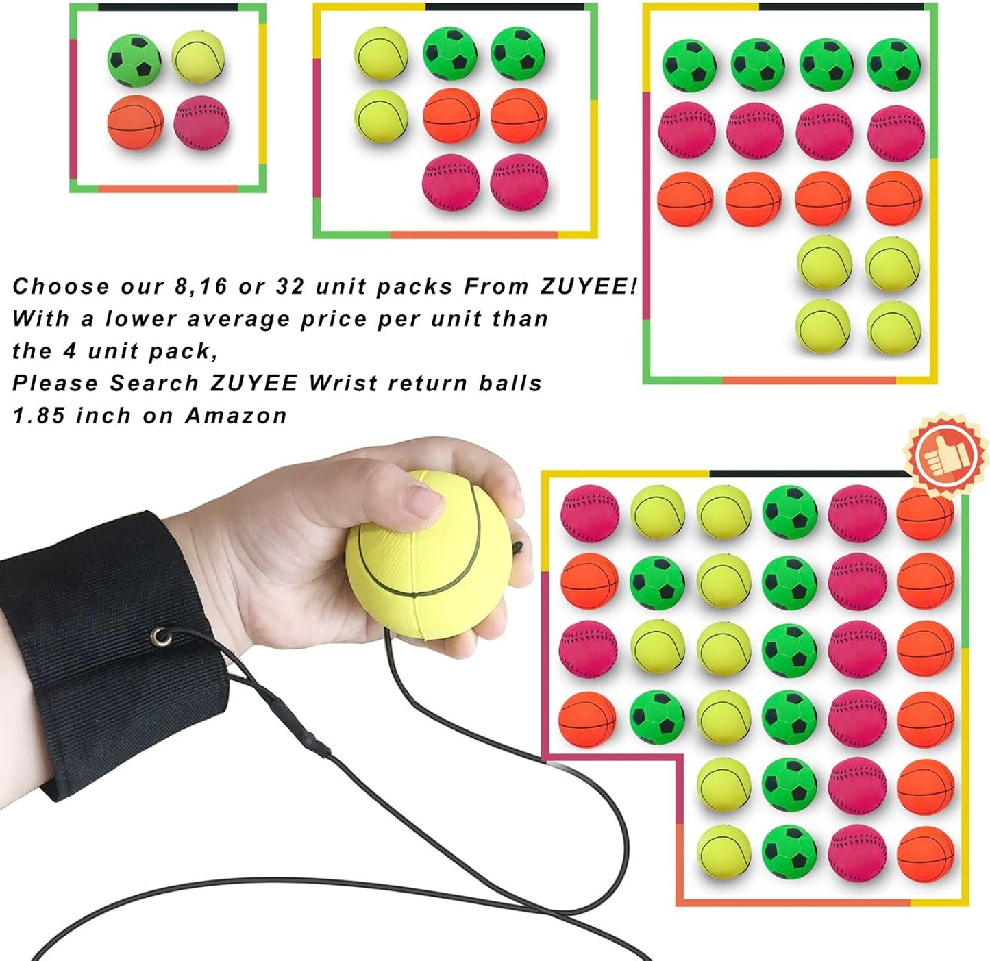ZUYEE Wrist Return Balls - 1.85 Inch Rebound Sports Balls for Kids | Perfect for Exercise & Play