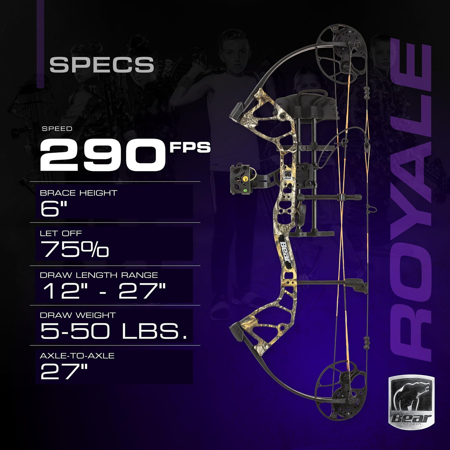 Bear Archery Royale RTH Compound Bow, Ready-to-Hunt Package, Right Handed Archers, 27" Bow, Adjustable Draw Weight 5-50lbs, Adjustable Draw Length 12"-27", True Timber Strata