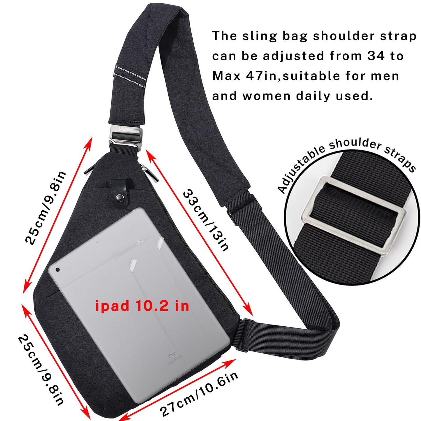 VADOO Anti-theft Sling Bag, RFID Blocking Crossbody Bag for Women and Men Lightweight Shoulder Chest for Travel Sport, Black Large