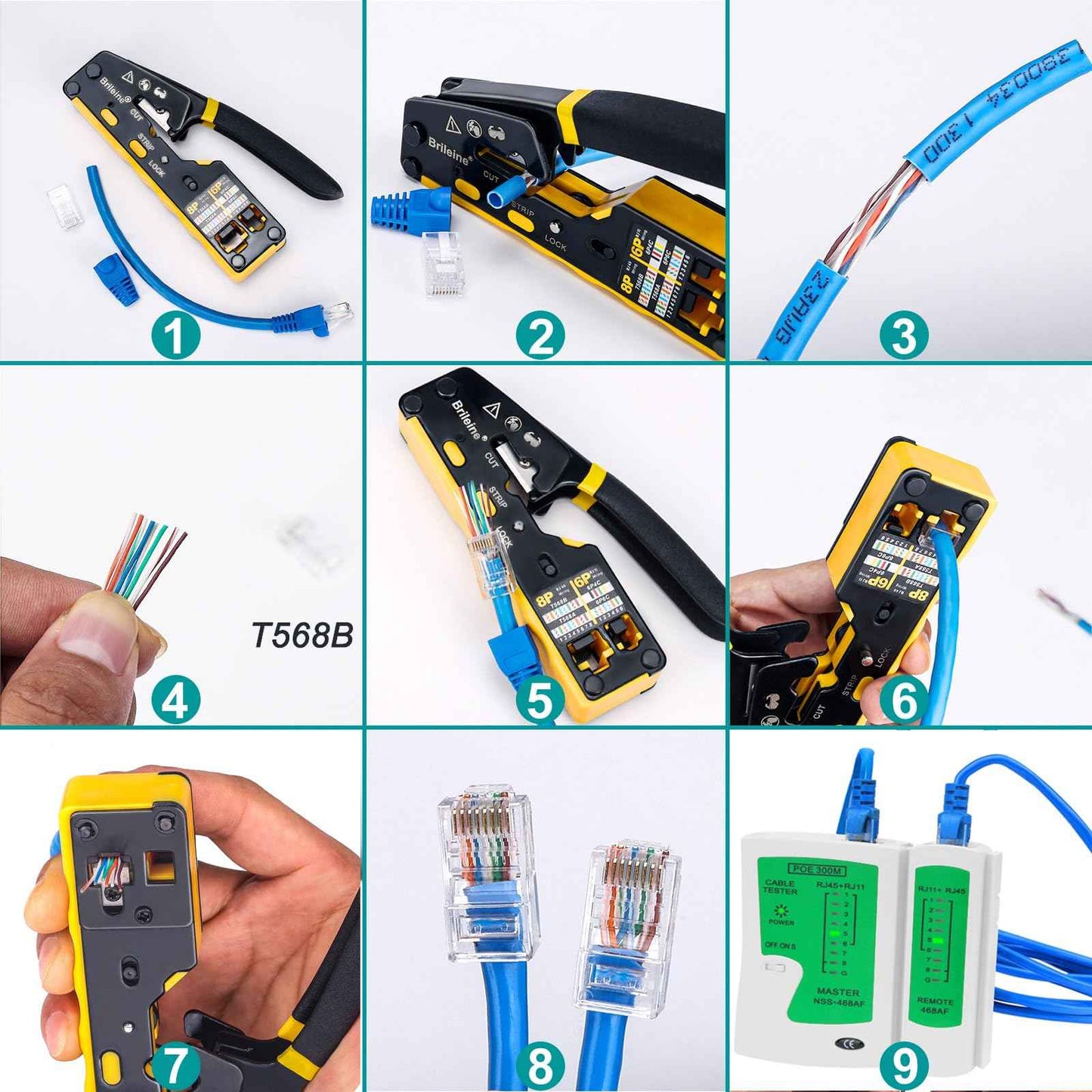 Brileine RJ45 Crimp Tool Pass Through Crimper for RJ45 Connectors / Cat6 Cat6a Cat5 Cat5e Connector Ethernet Crimper Tool with Mini Cable Stripper