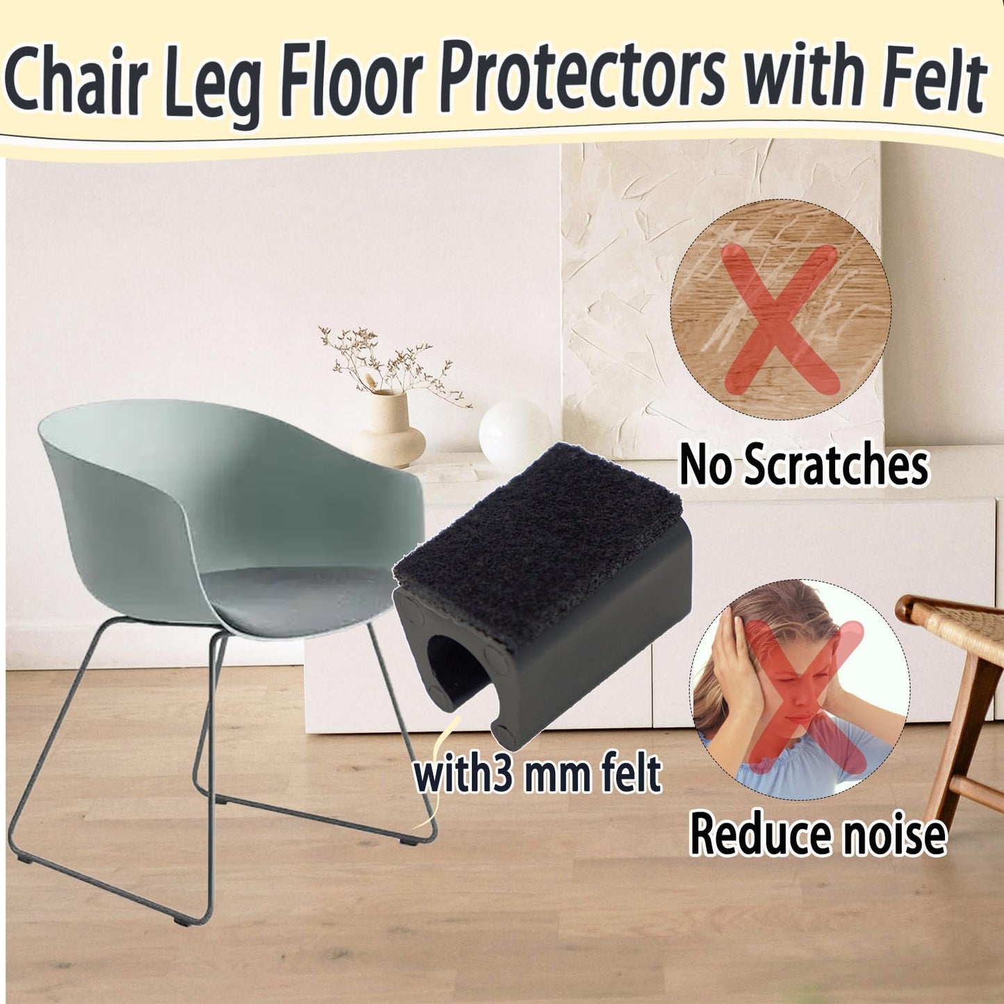 Sled Chair Leg Floor Protectors with Felt Furniture Pads,Rectangle U Shaped Chair Leg Tips Caps,Furniture Feet Protectors Slide Smoothly Protect Floors No Scratches No Noise (Diameter 12mm 8Pack)
