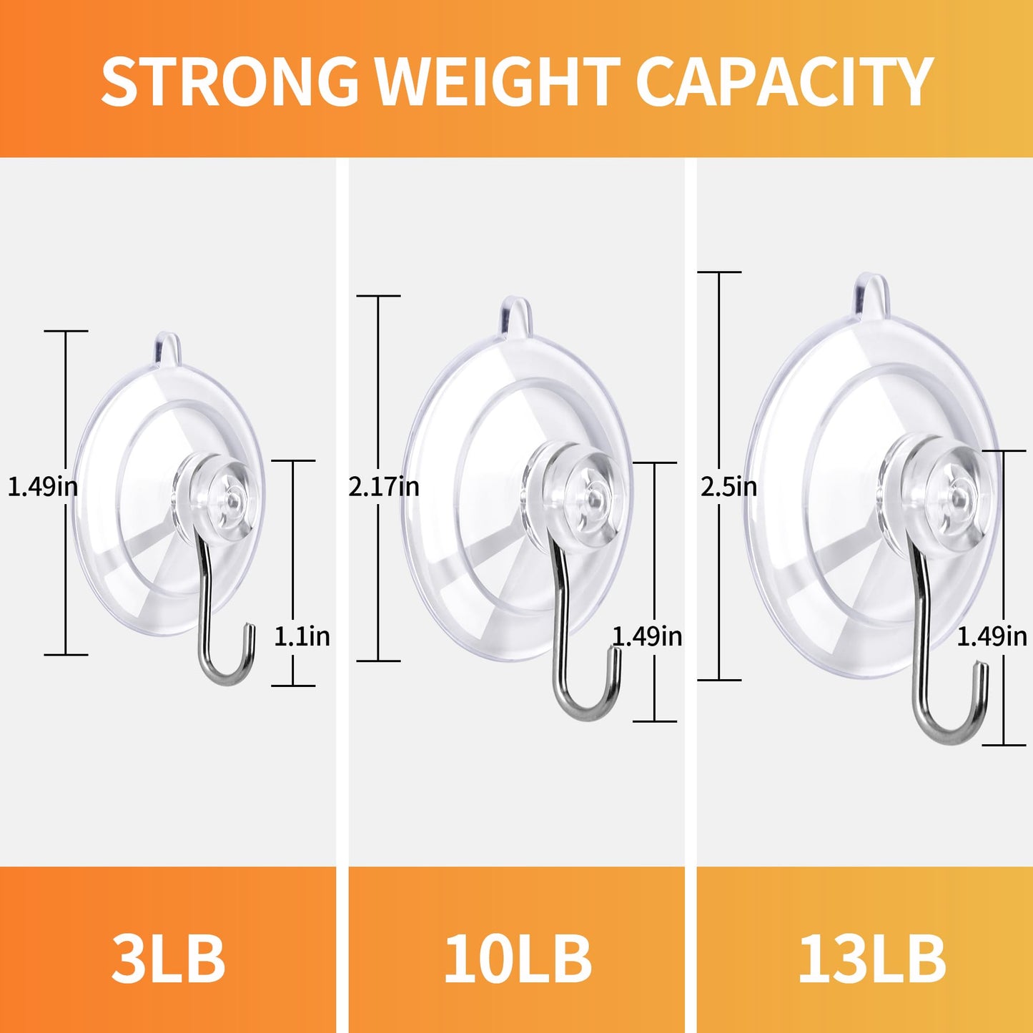 KORCCI Suction Cup Hooks 16Pack Assorted Size- 6 Small 8 Medium 2 Large, Clear Suction Cup, Stainless Steel Hook, No Trace, Reusable & Removable, for Tile, Glass, Window, Shower, Kitchen, Bathroom
