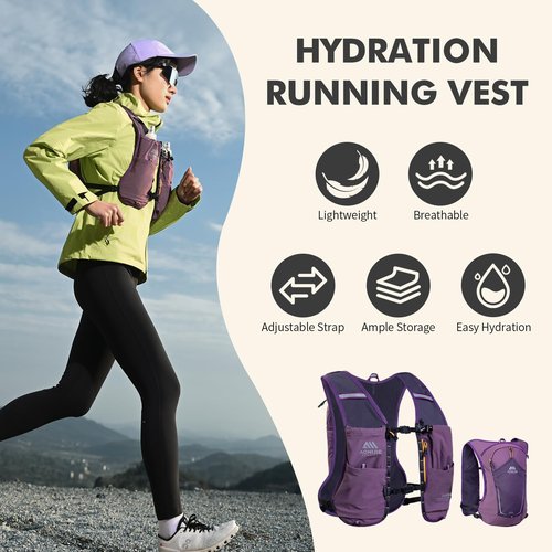AONIJIE Running Hydration Vest for Men & Women, 8L Hydration Backpack, Multiple Pocket Designs for Water Bottles/Bladders, Lightweight Breathable for Hiking, Climbing, Marathon & Cycling - Purple