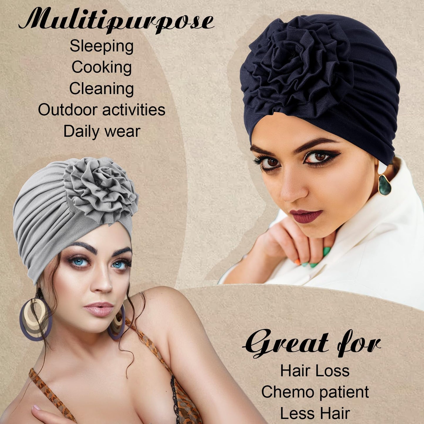 JenPen 4 Pcs Chemo Turban Headwear for Women Soft Cancer Headwear Flower Turban Elastic Head Wrap Cap for Women Cancer Patients Hair Loss