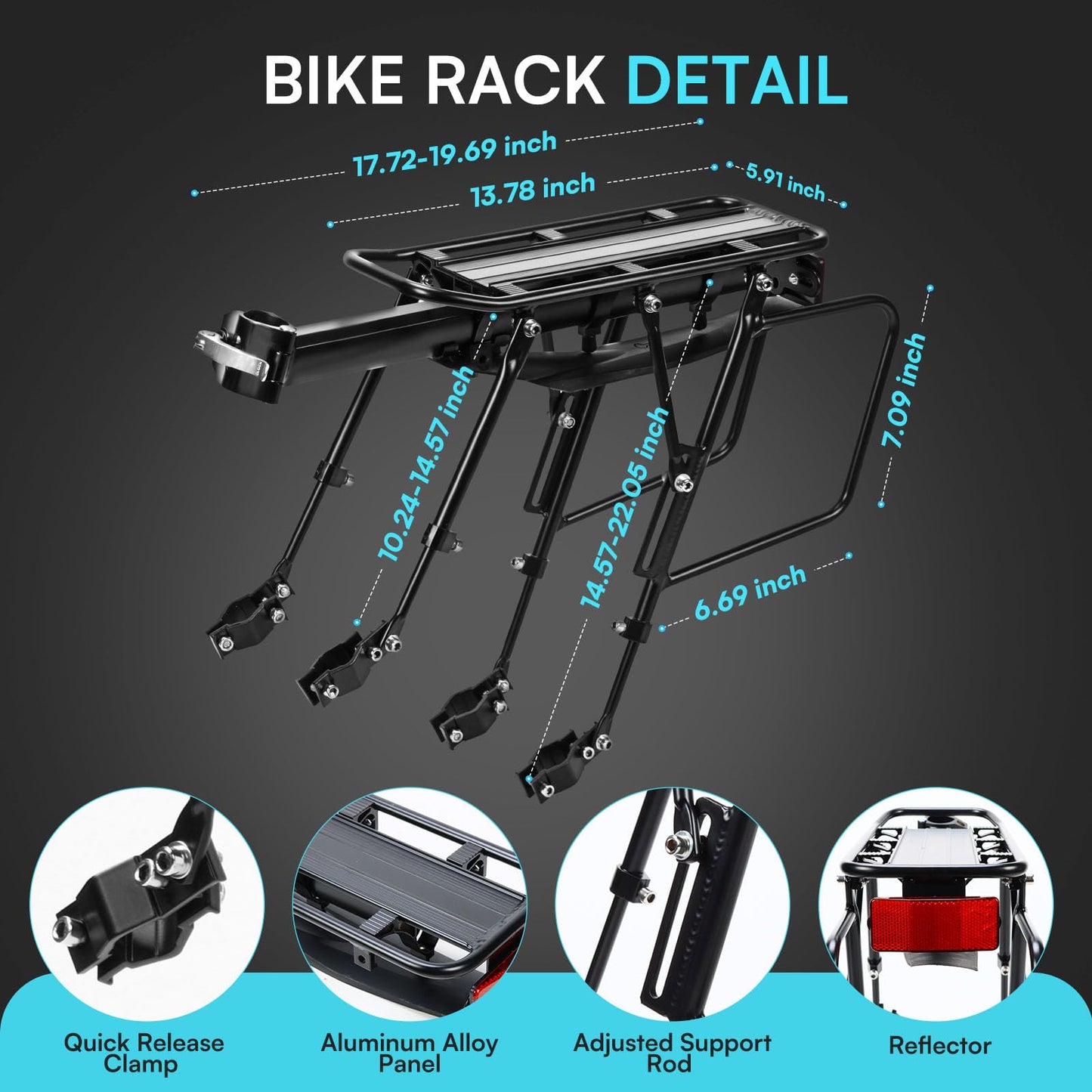 PIREKZUNT Rear Bike Rack, 300 LB Capacity Quick Release Bike Cargo Racks with Mudguard and Reflective, Adjustable Aluminum Alloy Ebike Carrier Rack for 26"-29" Frames
