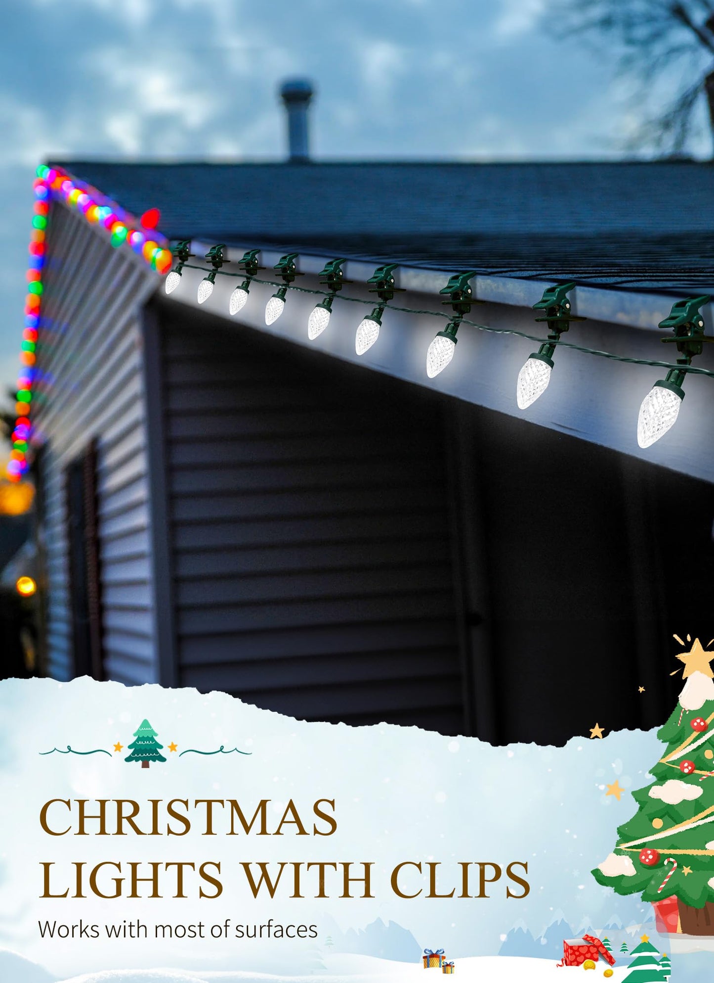 C9 LED Christmas Lights Outdoor, 68 Feet 100 LED C9 String Lights with 100 Spring Clips, Waterproof Connectable Christmas Tree Lights for Outside Roofline Patio Home Xmas Decor, Pure White