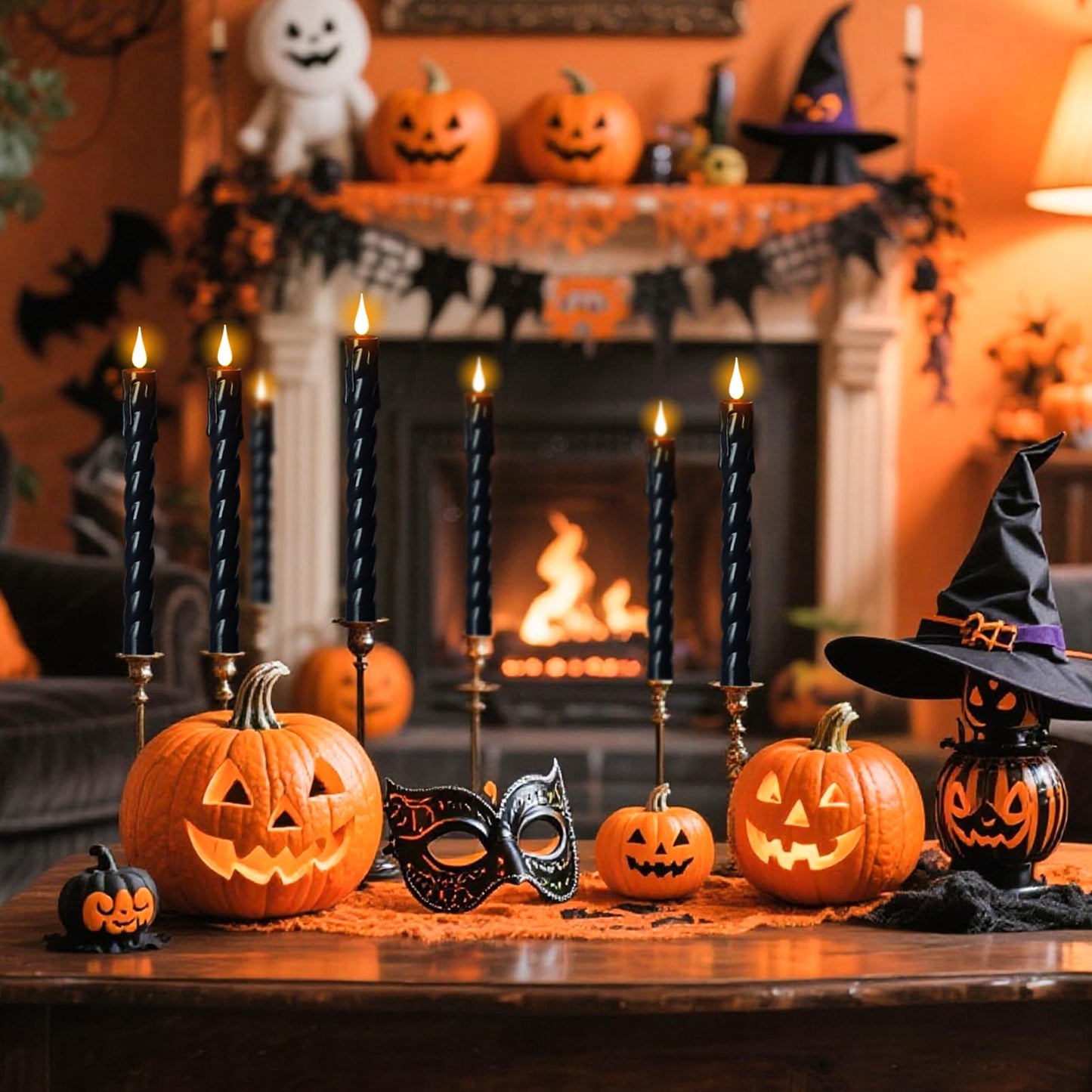 Eldnacele Plastic Flameless Taper Candles with Remote and Timer, Black Spiral Taper Candles Battery Operated Flickering Flame Lights Lifelike LED Candlesticks Set of 2 for Indoor Home Holiday Decor