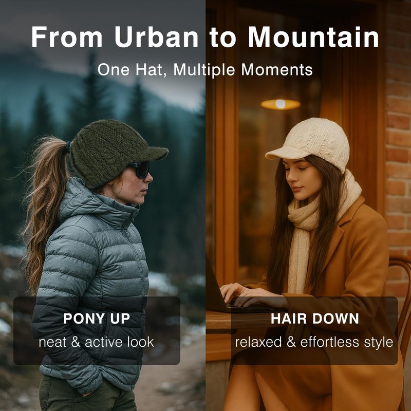 Womens Winter 3 Openings Ponytail Visor Brim Bill Beanie Hat Fleece Lined Merino Wool Warm Cable Knit Cap Bun Hole Cold Weather Black