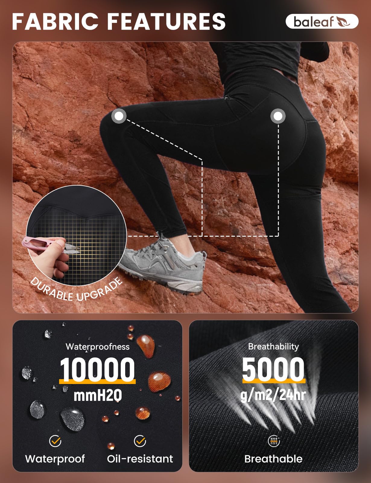 baleaf Women's Fleece Lined Leggings Hiking Ripstop Water Resistant Pants Thermal Warm Winter Tights with Zipper Pockets Cold Weather Gear Black M