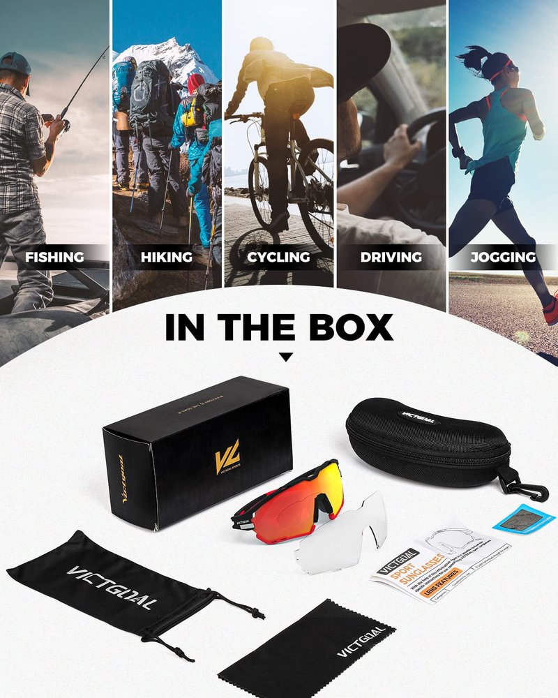 VICTGOAL Cycling Glasses for Men Women with Polarized and Photochromic 2 Lenses Clear Road Bike Running Sports Sunglasses (Black)