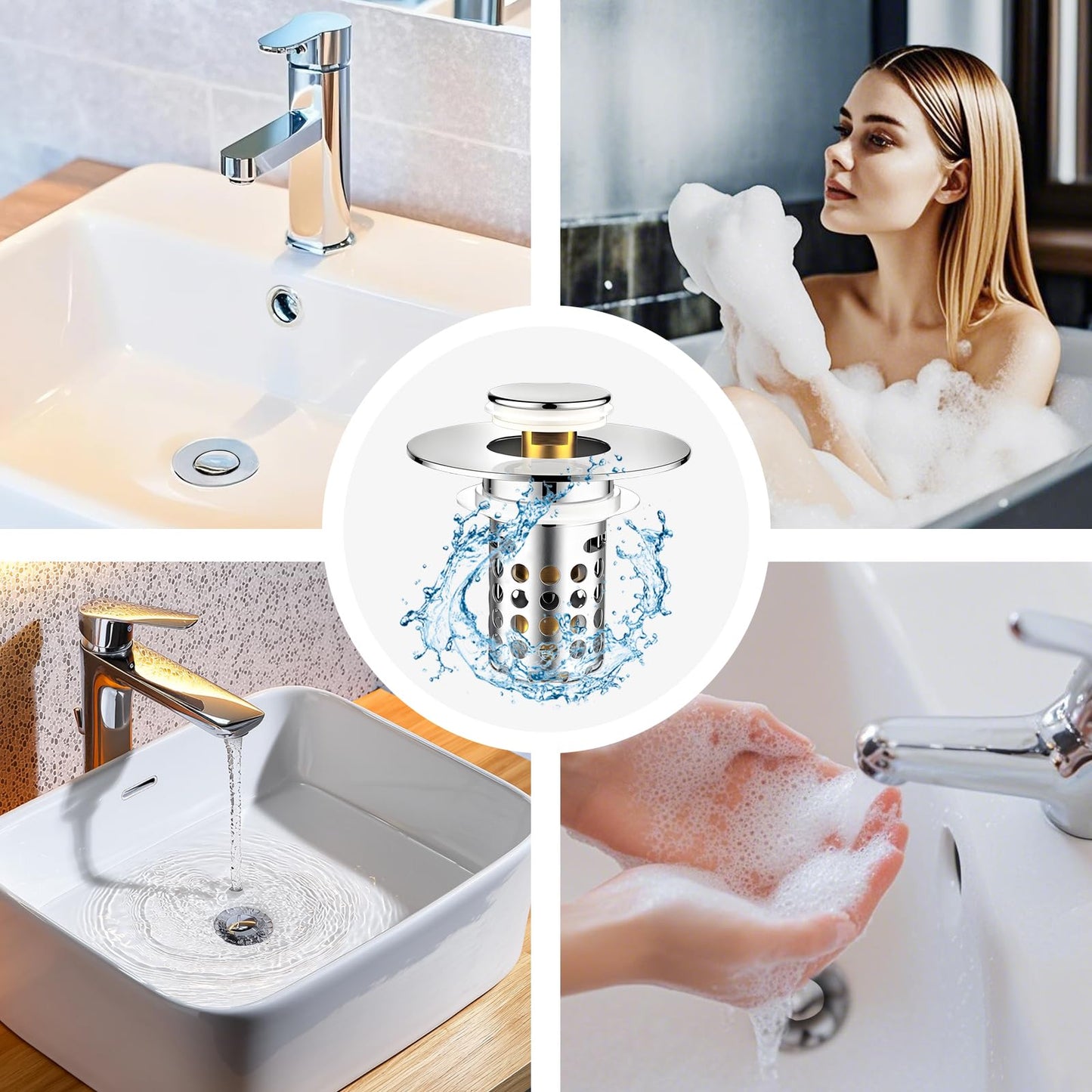 Universal Bathroom Sink Stopper, Pop Up Sink Drain Strainer Plug with Removable Stainless Steel Filter Basket Hair Catcher, Bathroom Bathtub Drain Stopper for 1.1-2.36 Inch Basin(1PACK)