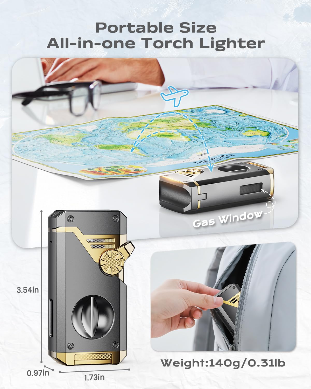 Torch Lighter 4 Jet Flame Lighter with Cutter, Punch, Holder, Draw Enhancer Tool, Multi-Functional Accessories Gifts Box for Men, Adjustable Refillable Butane Lighters for Candles, Outdoor Travel