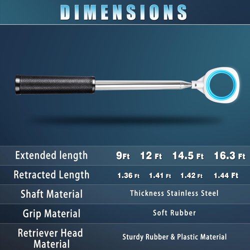 CHAMPKEY Pressure Golf Ball Retriever Performance Version - Thicken Stainless Steel Shaft with Rubber Grip Golf Retriever - Available in 9Ft / 12Ft / 14.5Ft / 16.3Ft