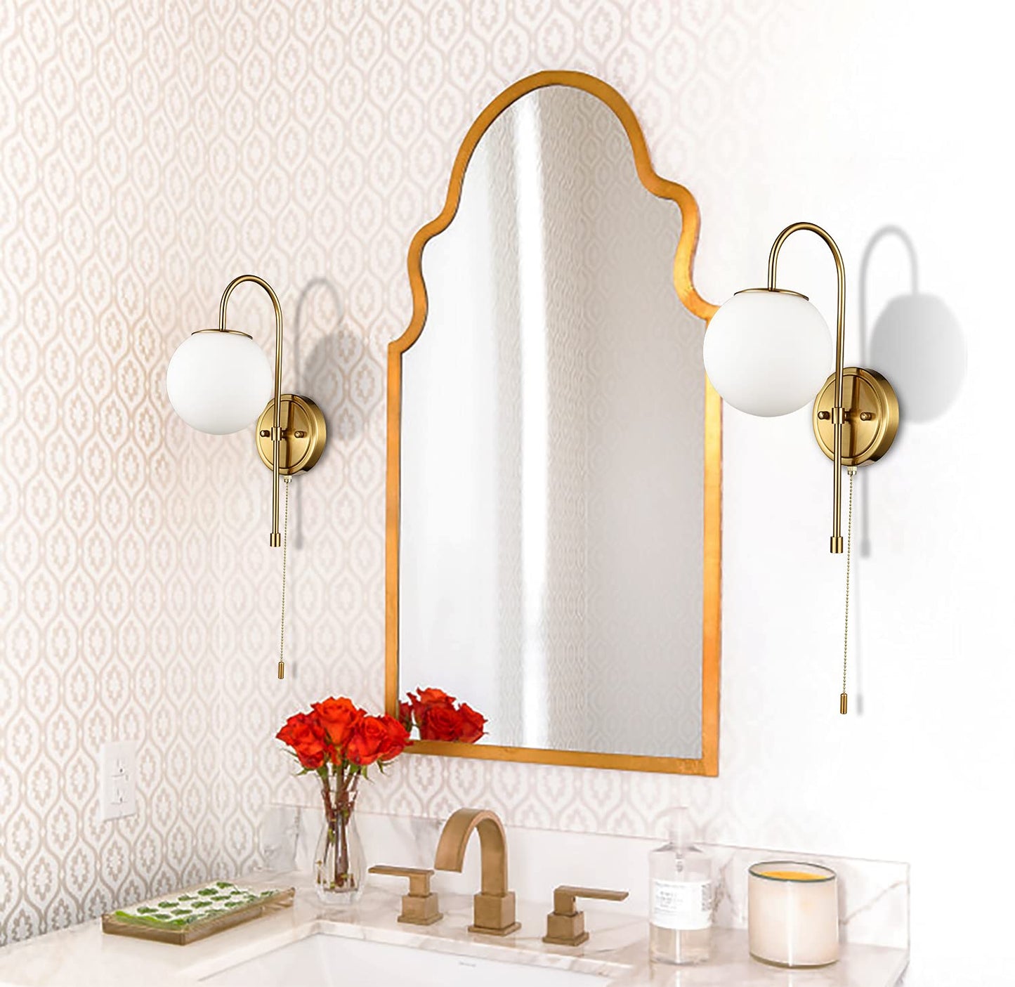 DEYNITE Modern Wall Light Fixtures Gold Wall Sconce with Pull Chain for Bedroom Bathroom