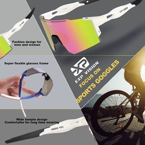 EXP VISION Polarized Cycling Glasses, UV 400 Sports Sunglasses Biking Goggles Running Hiking Golf Fishing Driving (Pink)