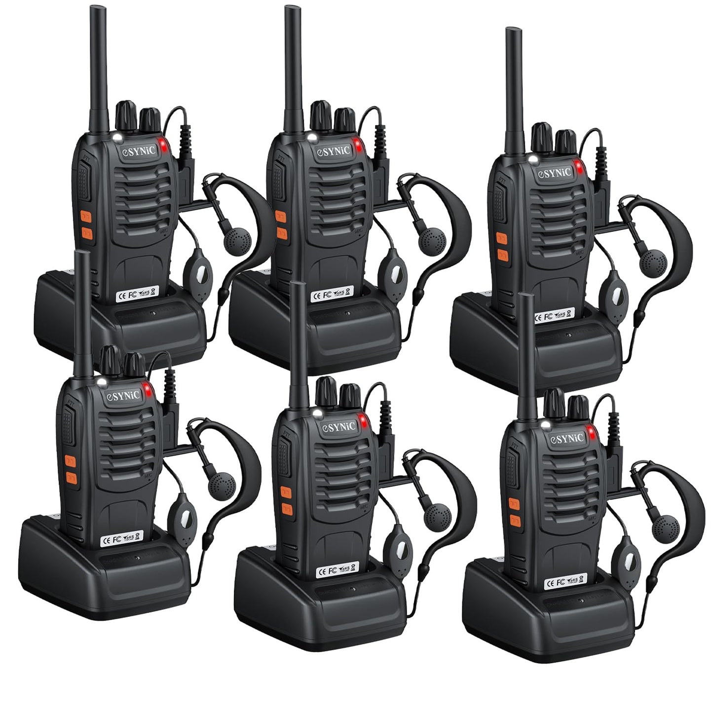 eSynic 6 Pack Long Range 3 Miles Walkie Talkies-FRS462 License-Free-2 Way Radio Rechargeable with 16CH-VOX Hand Free-LED Flashlight-1500mAh Battery – Rainproof for Family Camping Hiking Business