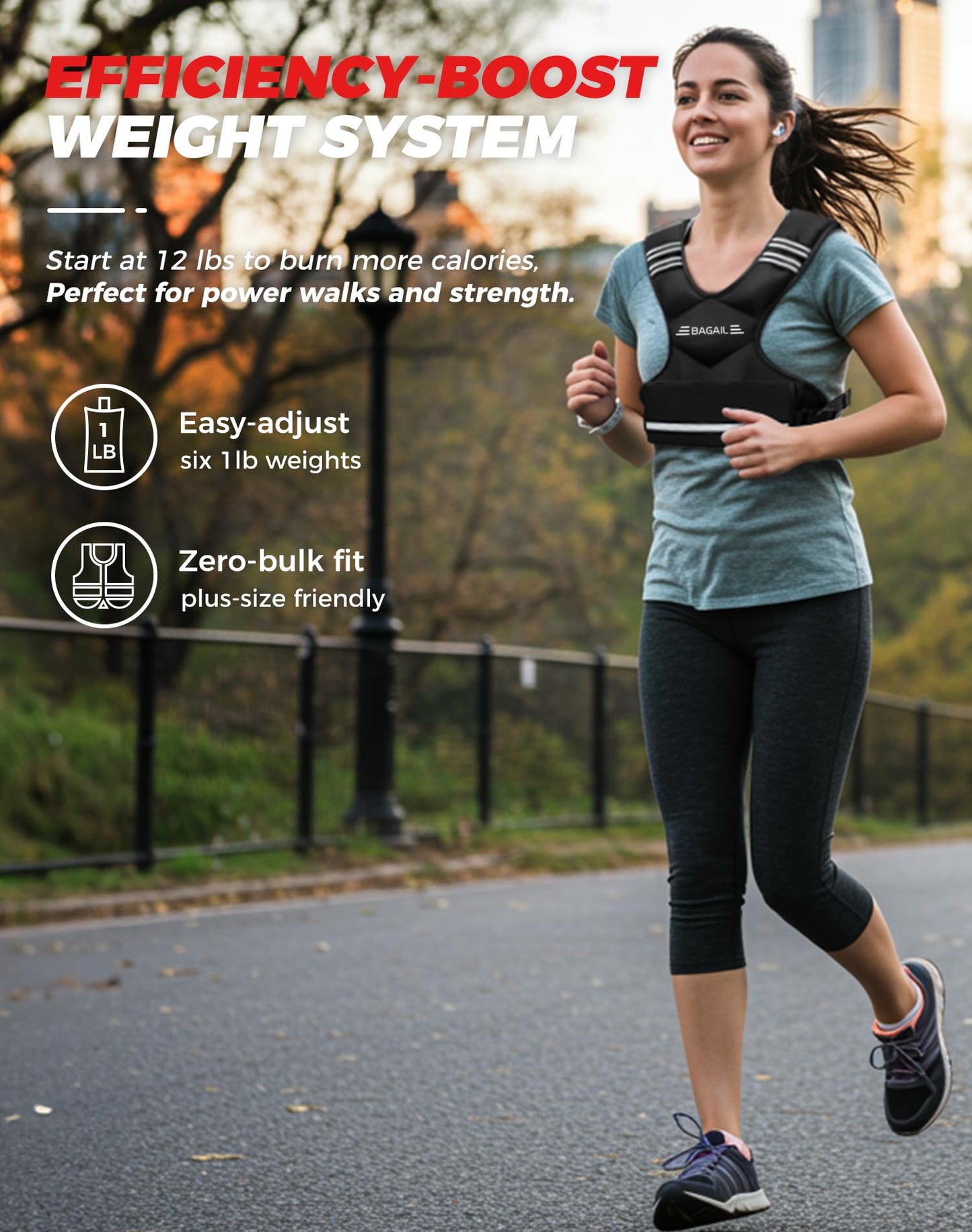 BAGAIL Adjustable Weighted Vest for Women 12-18lb, Comfortable U-Neck Rucking Vest with 6 Removable Weights, Storage Pocket and Reflective Strips for Walking, Jogging, Weight Loss & Home Workouts