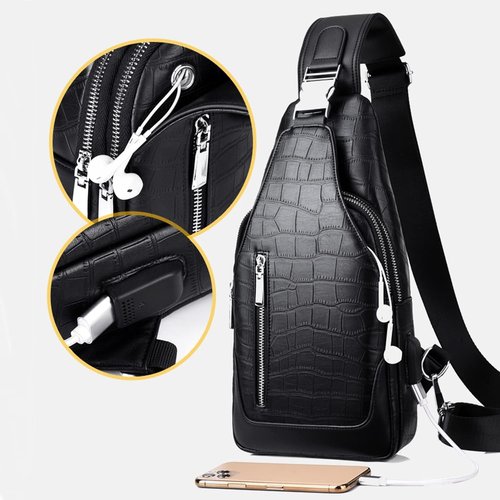 Leather Sling Bag Crossbody Daypack for Men Women Outdoor Travel Sports Camping Fishing Hiking Casual Shoulder Chest Pack (Black)