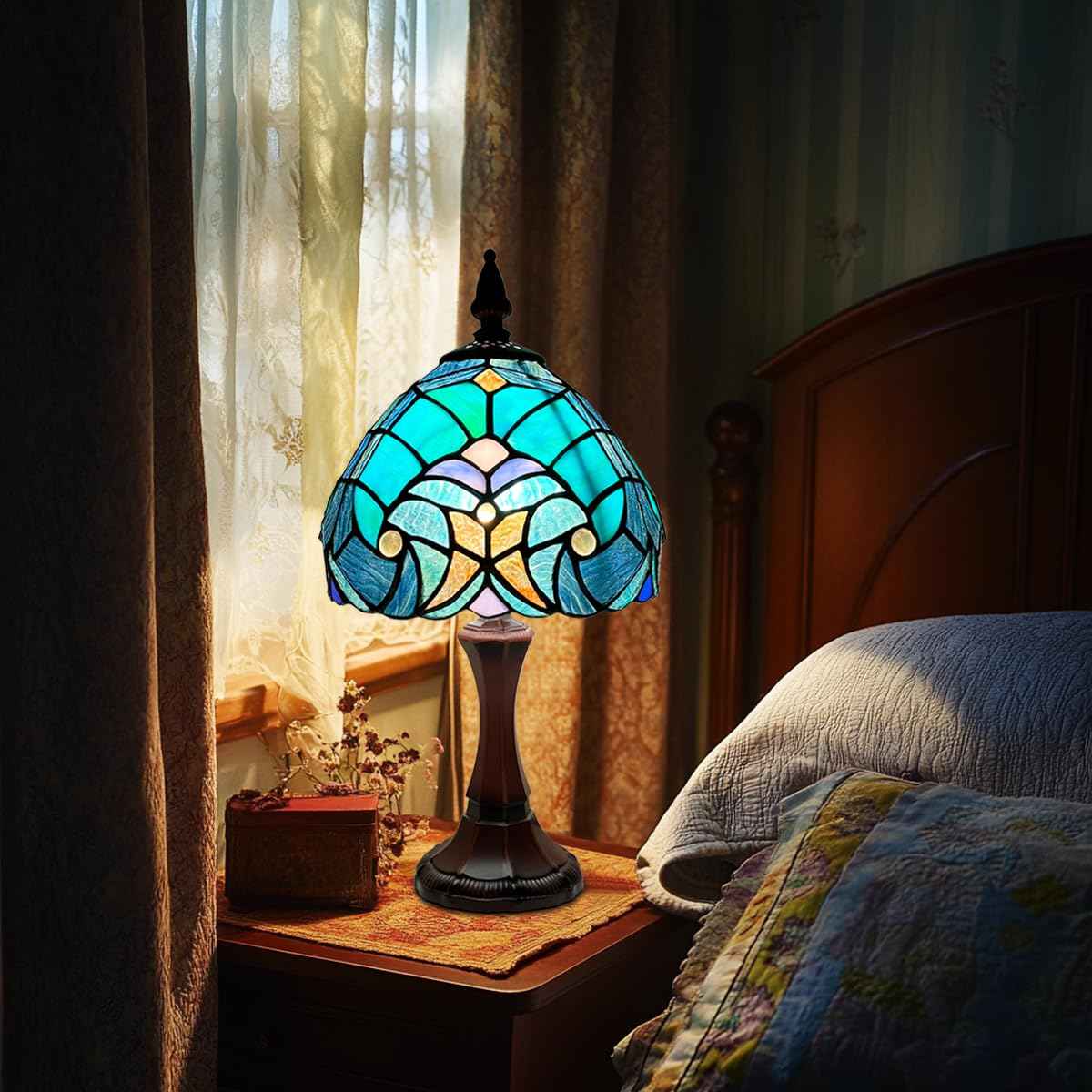COTOSS Tiffany Table Lamp Sea Green Stained Glass Accent Table Light Antique Style Desk Lamp Vintage Bedside Lamp for Living Room Bedroom
