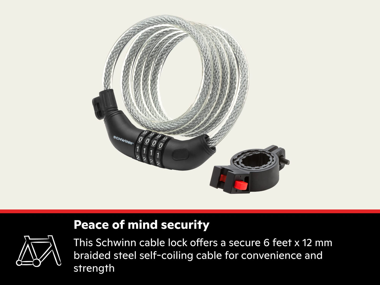 Schwinn Bike Combination Cable Lock, 6 ft x 12 mm, Black & Silver, Durable Steel, Vinyl Cover, Carrying Bracket for Storage and Transport, Anti Theft Protection, Bike Lock Cable for Security