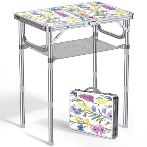 Anbte 2ft Folding Camping Table, 3 Adjustable Height Max 27.5" Small Folding Table with Storage Net Lightweight & Portable with Carry Handle, for Outdoor Indoor Camping Beach BBQ RV, Blooming Floral