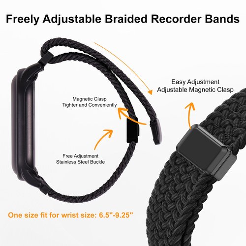 Adjustable Braided Wristband Compatible with Plaud NotePin & NotePin S AI Voice Recorder,Breathable Soft Wearable Strap with Magnetic Buckle and PC Case,Lightweight Band,Recorder Accessories,Black