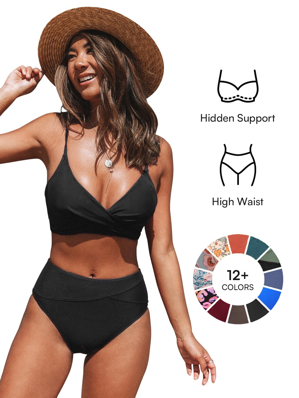 CUPSHE Women's Bikini Sets Two Piece Swimsuit High Waisted V Neck Twist Front Adjustable Spaghetti Straps Bathing Suit, M Black