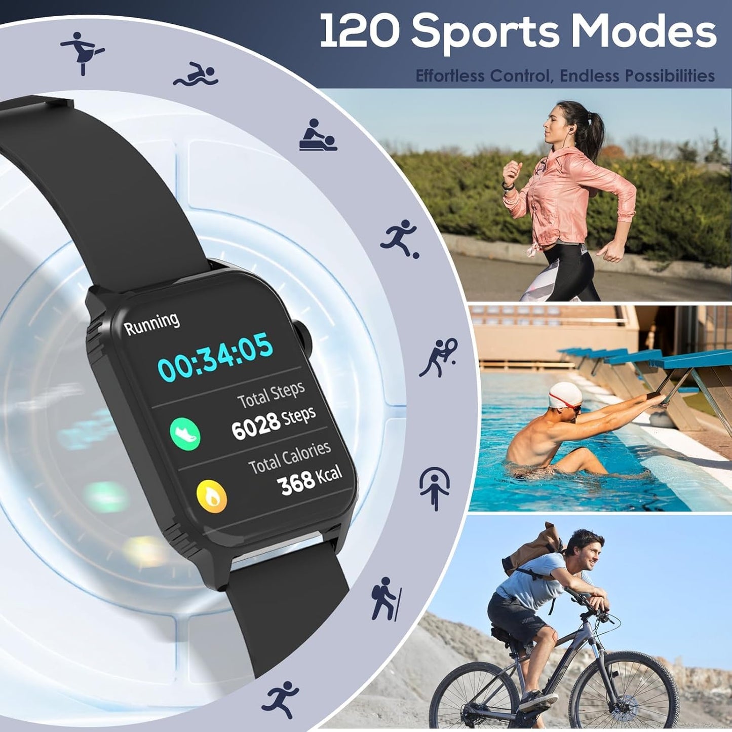 TRAUSI Smart Watch for Men - 120 Sports Modes, 1.83" HD Display, Alexa, Heart Rate Monitor | Black