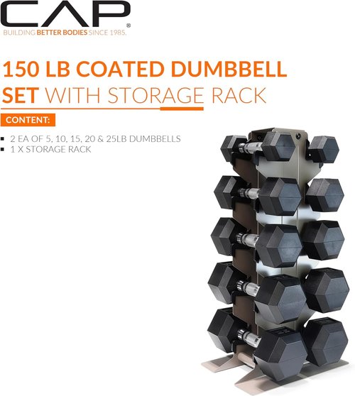 CAP Barbell Rubber Coated Hex Dumbbell Set - 100-300 lbs Free Weights with Vertical Rack | Home Gym Essential