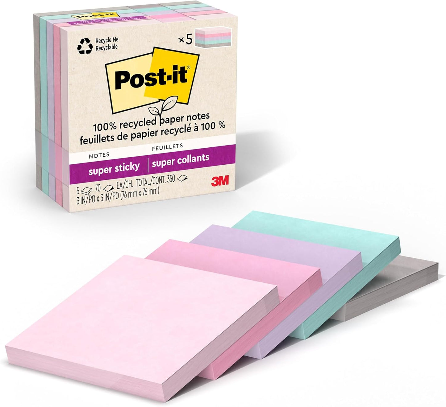 Post-it Super Sticky Notes | 100% Recycled Paper | 3 in. x 3 in. | 5 Pads in Wanderlust Pastels