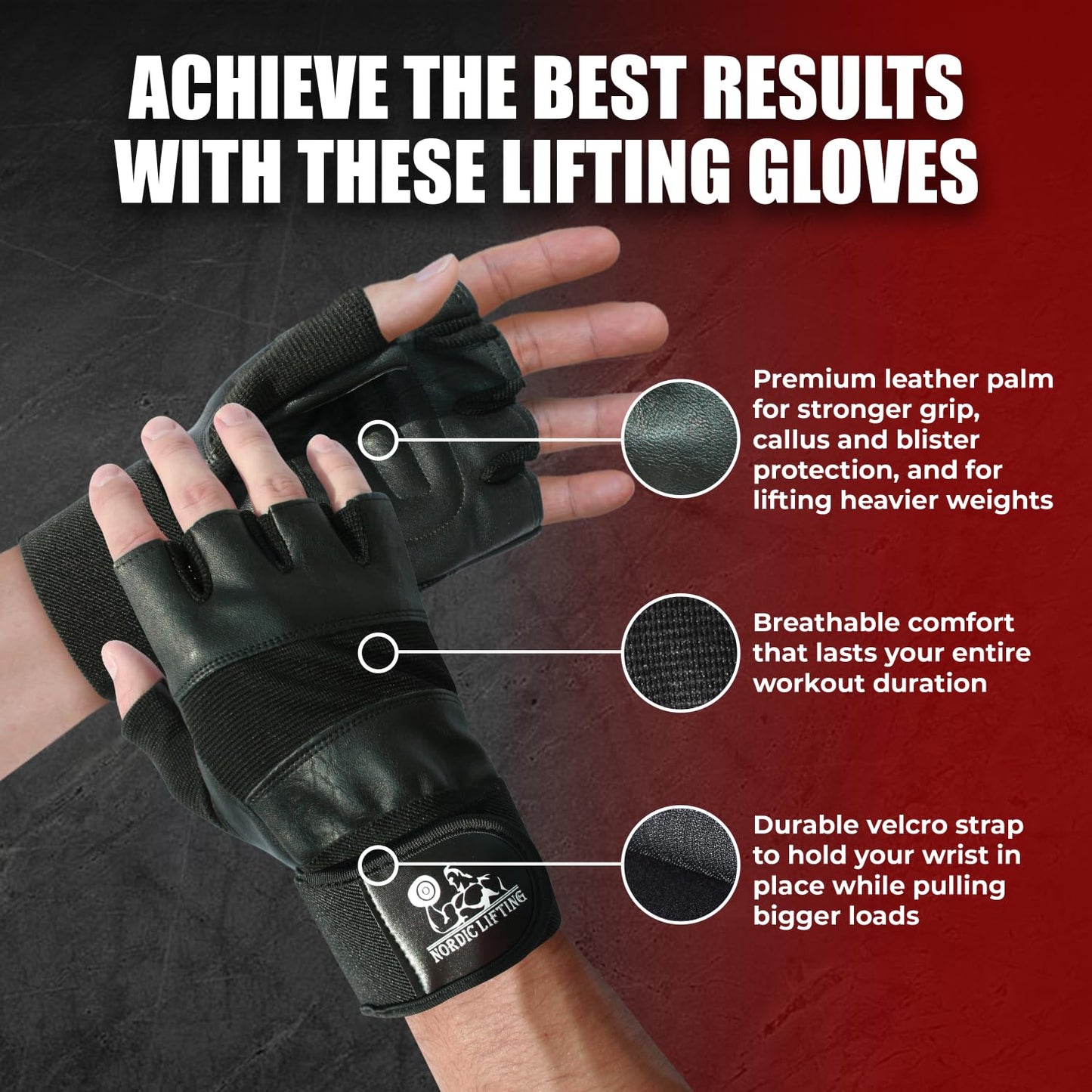 Nordic Lifting Weight Lifting Gloves with 12" Wrist Wraps Support for Gym Workout, Cross Training, Weightlifting, Fitness & Cross Training - The Best for Men & Women - Quality Gear - Large