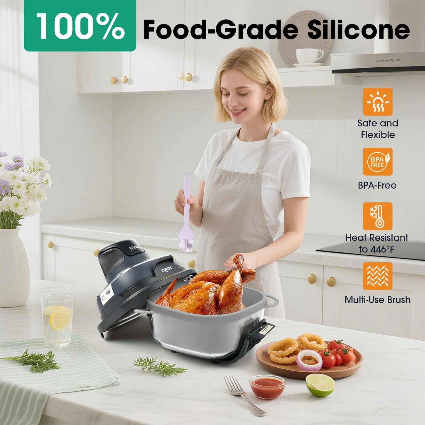 Snuggery FN101GY Silicone Air Fryer Liners for Ninja Crispi Glass Basket – Full-Coverage 4QT 6QT Reusable Nonstick Dishwasher Safe Mat,with Heat Mat and Oil Brush for Mess-Free Cooking