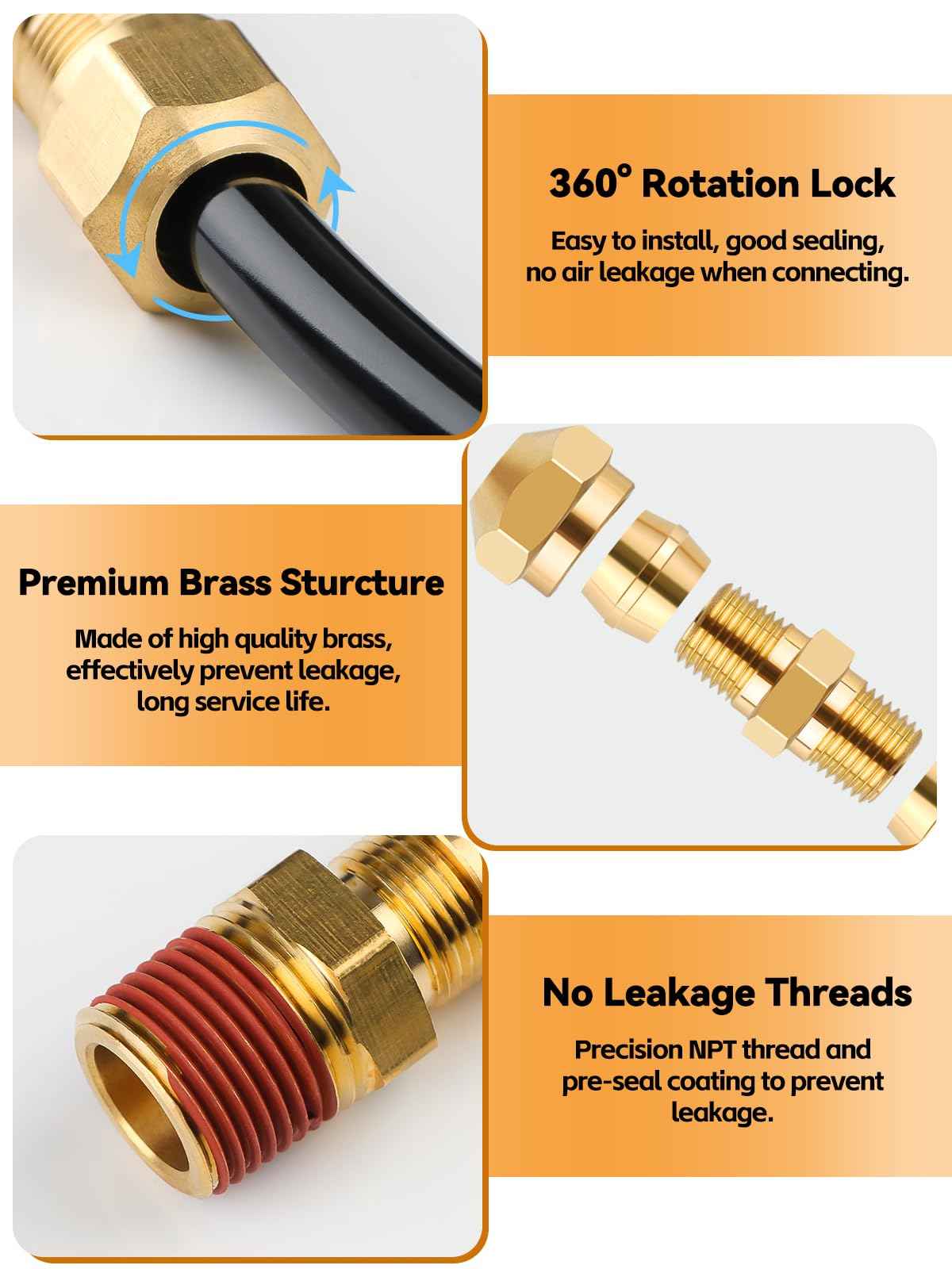 100PCS Brass DOT Air Line Fittings, Kalolary NPT Brass Hose Fitting for 1/4" 1/8" 3/8" 1/2" Push To Connect Fittings with NPT Threads Brake Line Fitting Repair Kit for Industrial Air System