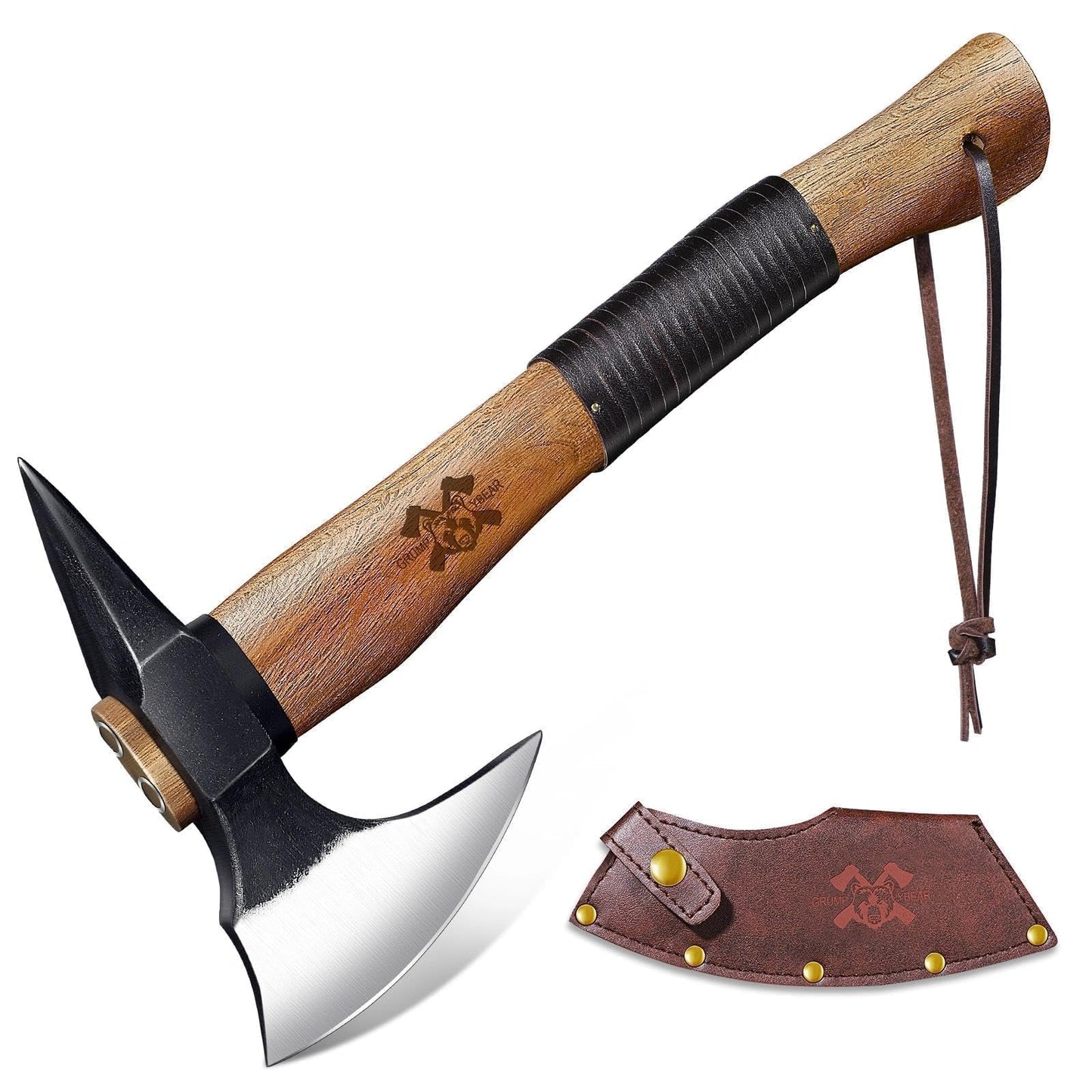 Grumpy Bear 15" Camping Hatchet, Survival Axe with Sheath, High Carbon Steel and Wood Handle, Anti-Slip Grip – Ideal for Bushcraft, Wood Splitting & Outdoor Adventures