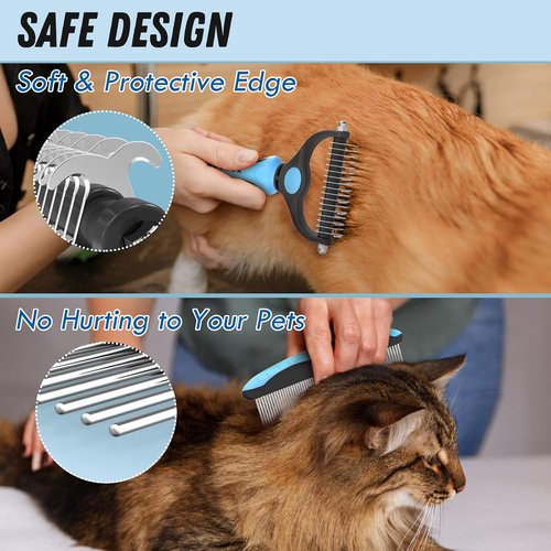 Docrok Pet Grooming Combo - Blue Deshedding Brush & Metal Comb for Long Fur Detangling
