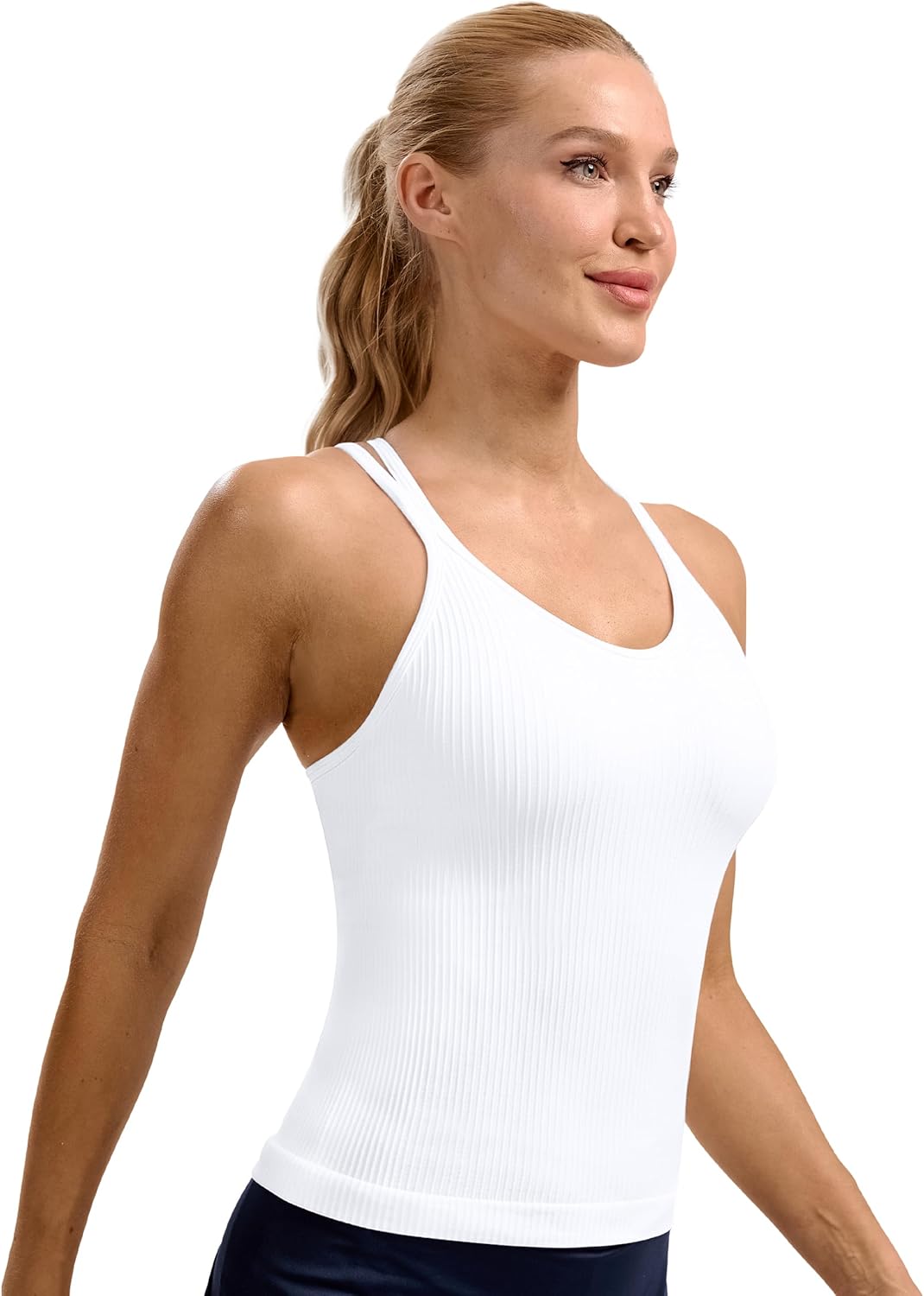 Skiennix Seamless Ribbed Workout Tank - Built-In Bra, V-Neck Crisscross Back Yoga Top for Women