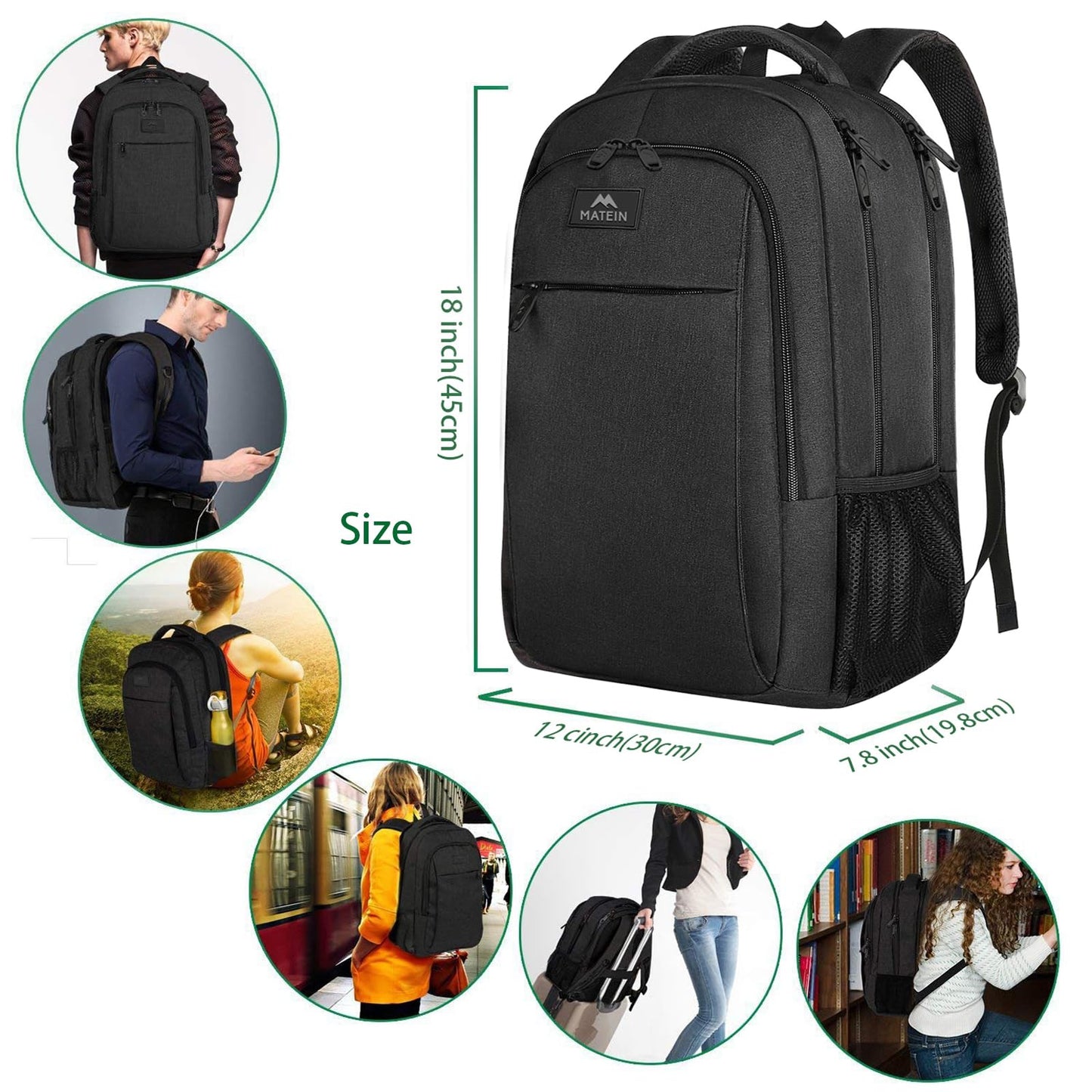 MATEIN Business Laptop Backpack, 15.6 Inch Travel Laptop Bag Rucksack, Water-Resistant Bag Daypack for Work College Computer Men Women Backpack, Black