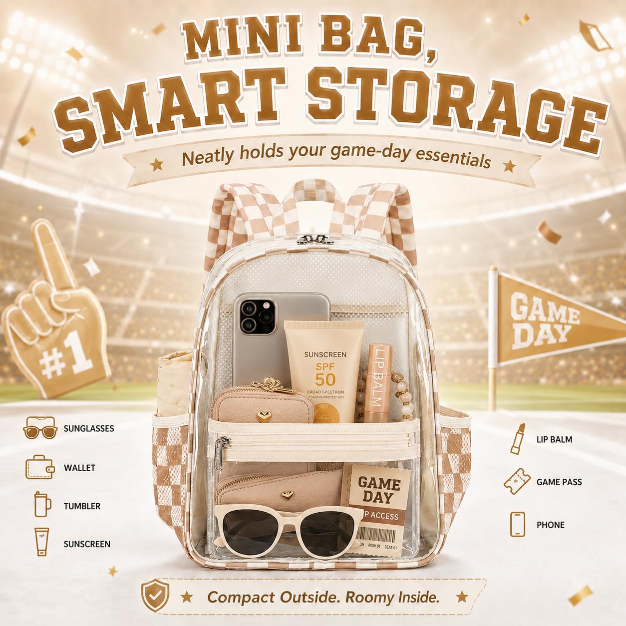 BTOOP Mini Clear Backpack for Stadium Events, 12 x 9 x 5 Inch Transparent PVC Bookbag, Fits Within Common 12x12x6 Stadium Bag Limits, for Concerts, Festivals, Women and Teens