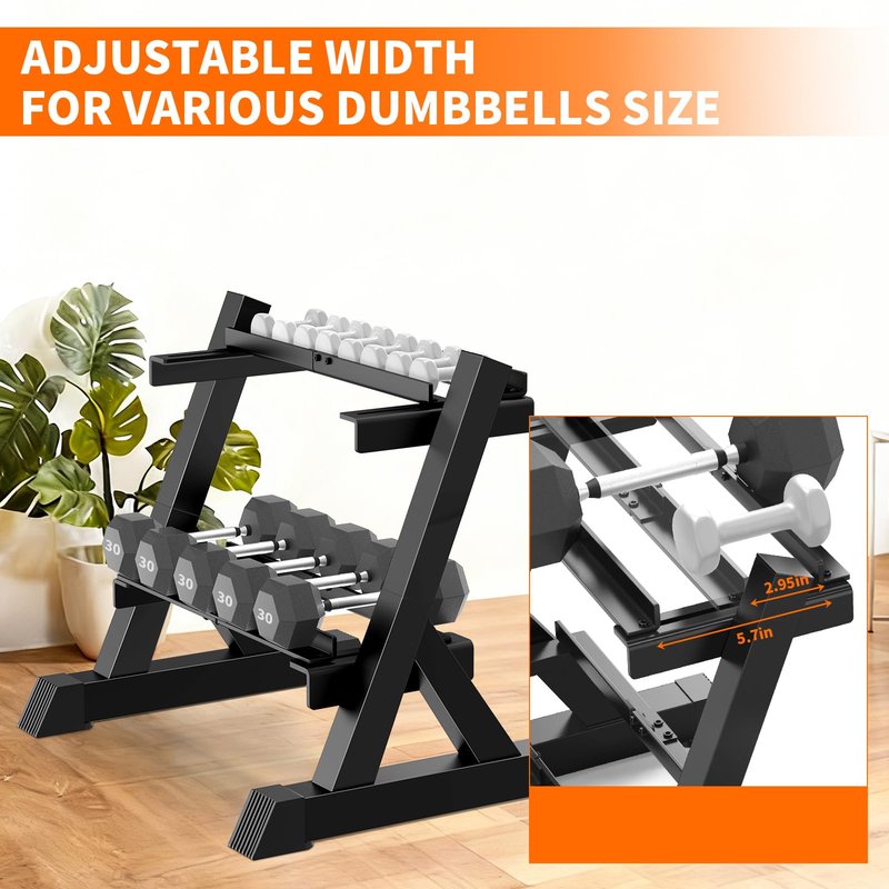 TomCare Dumbbell Rack Stand Only, 2-Tier 33 IN Length Adjustable Weight Rack for Home Gym Heavy-Duty Metal Weight Stand Holder for Dumbbells, Kettlebells, 360 lb Capacity (Dumbells not included)