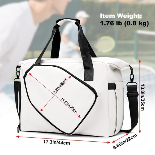 Pickleball Tote Bag with Shoe Compartment and Paddle Storage – Large Capacity Lightweight Pickleball Bag for Women & Men with Water Bottle Holder (White)