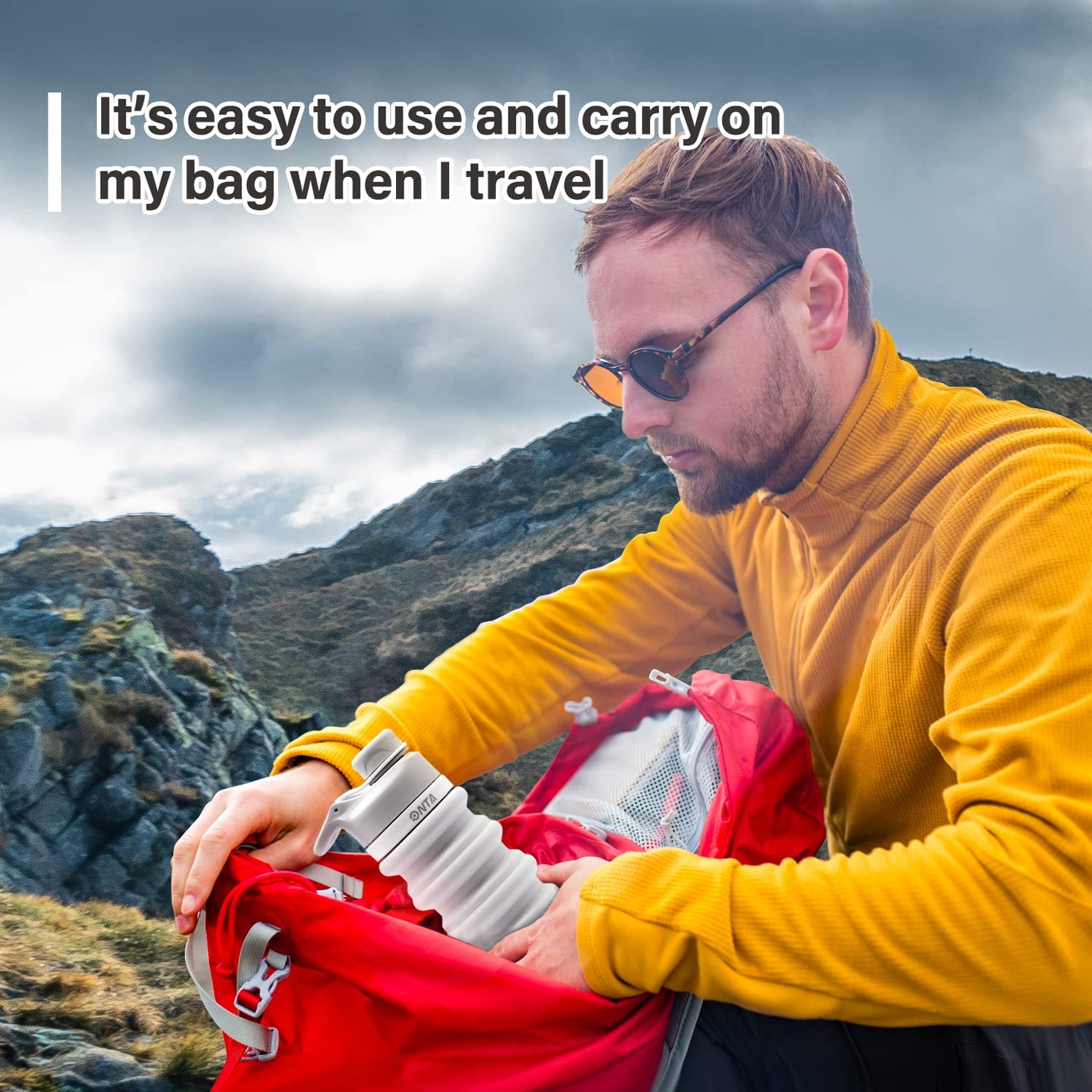 ONTA Collapsible Water Bottle- BPA Free Silicone Foldable Water Bottles for Travel,Silicone Portable Leak-Proof Travel Water Bottle 20 oz, Gray