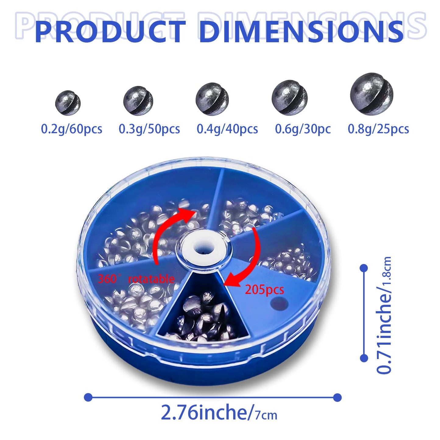 FishingPepo Fishing Weights Sinkers 205Pcs 5 Sizes Weights 0.2/0.3/0.4/0.6/0.8g Round Fishing Line Sinker Removable Egg Lead Assortment