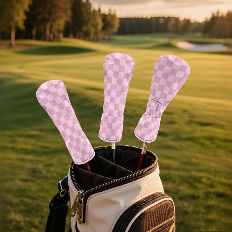 Pink Checkered Golf Head Covers for Woods and Driver Fairway Hybrid Funny PU Leather Golf Club Head Covers for Women Men Golf Accessories for Halloween Christmas Birthday Present