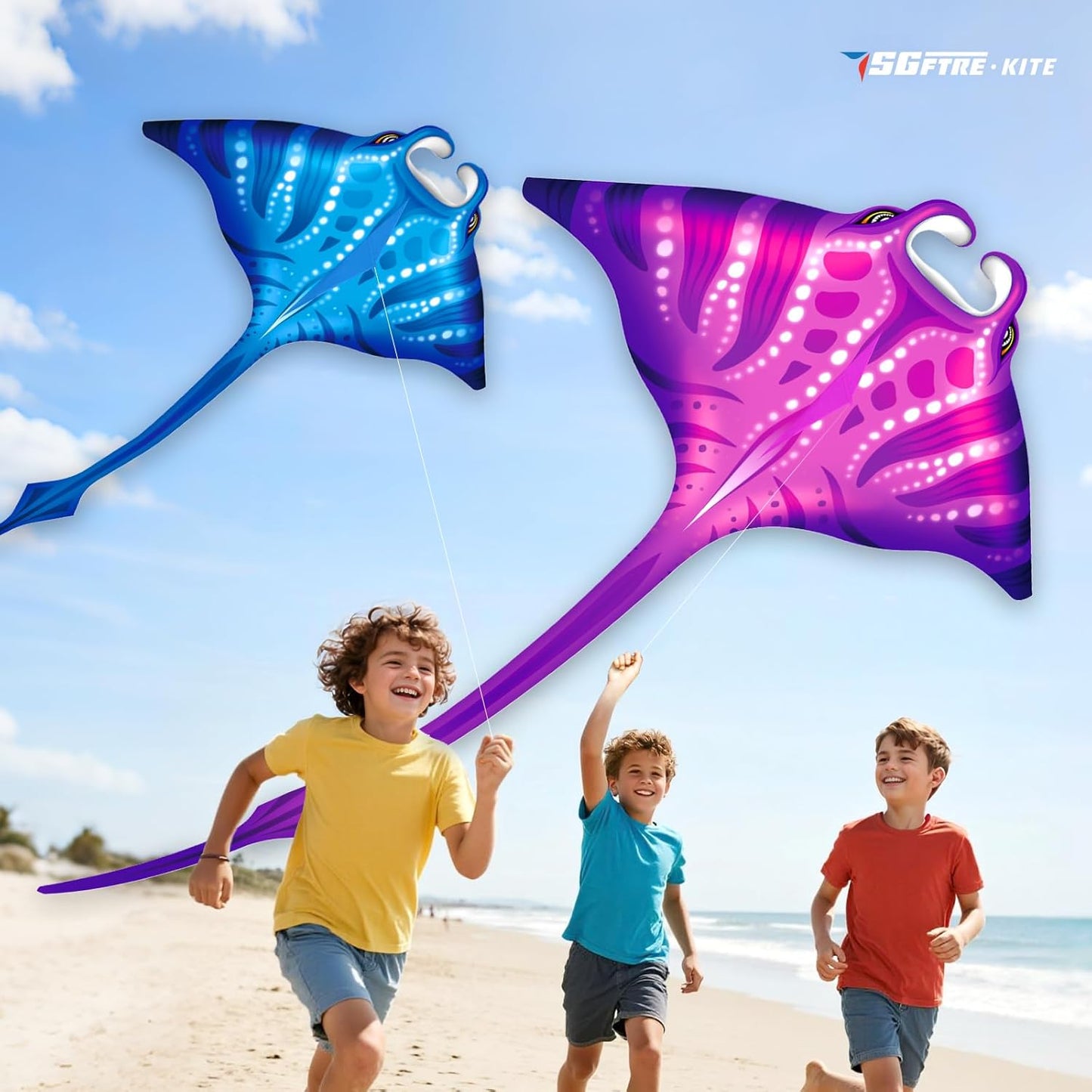 SGftre Butterfly Delta Octopus Kites - Easy to Fly 3-Piece Set for Kids & Adults | Manta Ray Colors (Blue, Pink)