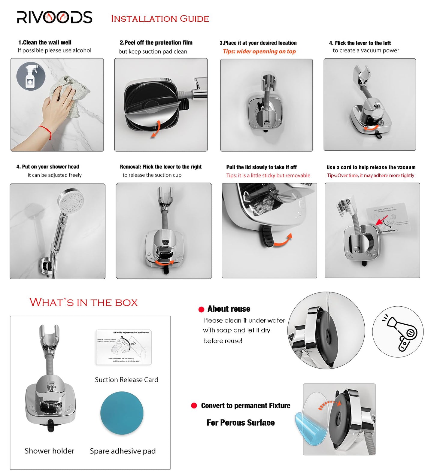 Suction Cup Handheld Shower Head Holder - Reusable - 360 Swivel Adjustable - Wall Mount Shower Wand Holder - ( Chrome Finish)