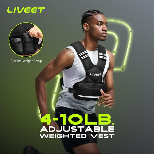 Liveet Adjustable Weighted Vest for Women Men, 4-10lb Weight Vest with 6 Ironsand Bags, Running Vest with Reflective Strips Adjustable Buckle Straps for Walking Strength Training
