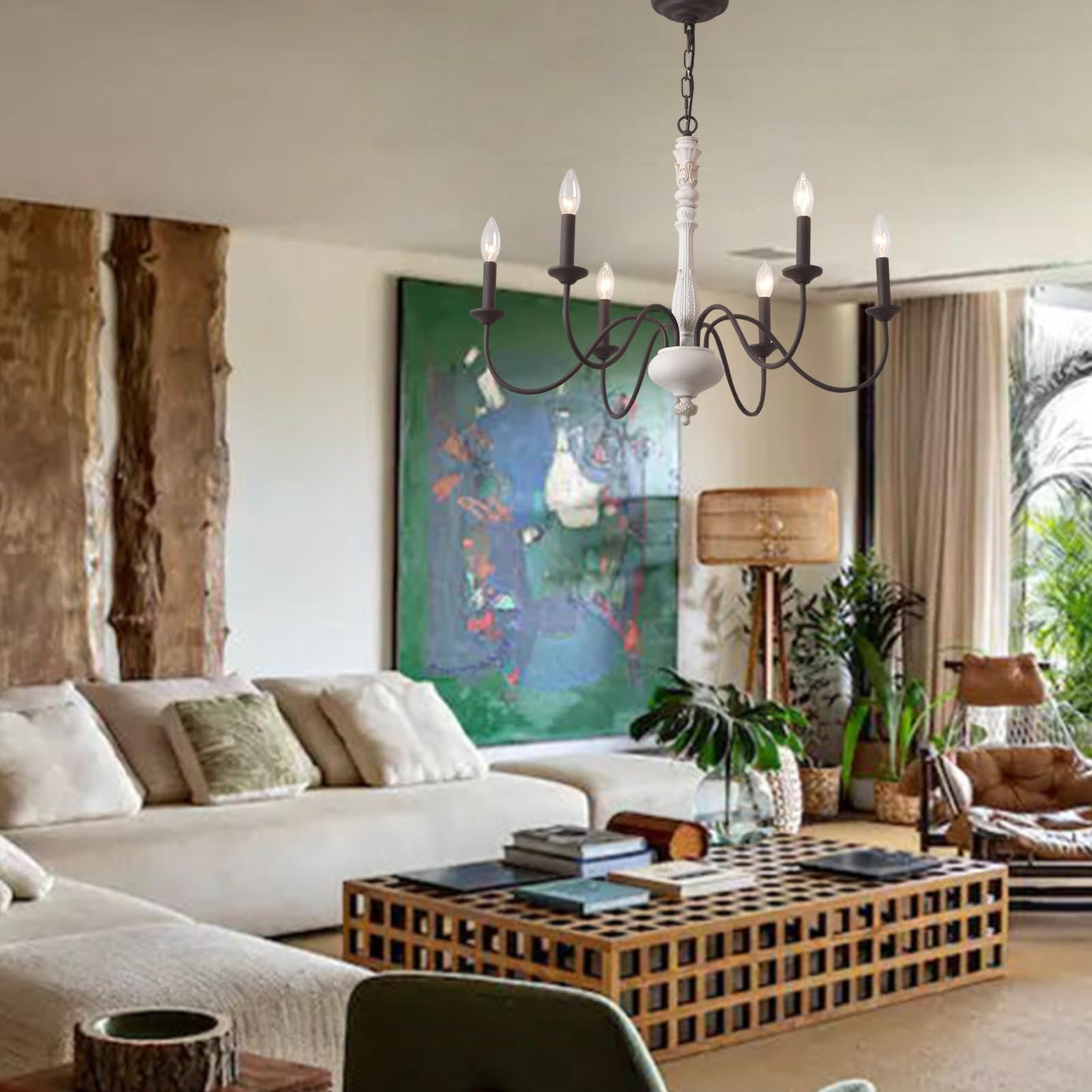 French Country Chandelier,6-Light Farmhouse Chandelier Vintage Candle Dining Room Lighting Fixture Brown White Antique Industrial Chandeliers for Living Room Kitchen Island Foyer Bedroom Lighting