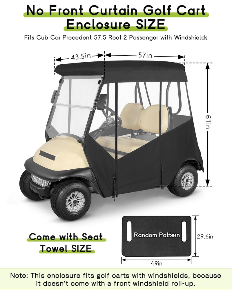 2 Passenger Golf Cart Enclosure for Club Car Precedent 2-Seater 57.5" Roof 3-Sided Clear Windows Roll-up Door No Windshield Curtain Waterproof Transparent Driving Rain Cover Black (with Seat Towel)