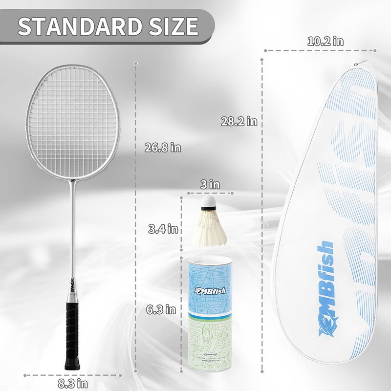 MBFISH Badminton Racket Set with 2 Carbon Fiber Rackets, 3 Shuttlecocks, 2 Replacement Racket Grip Tapes and 1 Badminton Bag - Perfect for Beginners & Outdoor Games 4U Sliver 2P