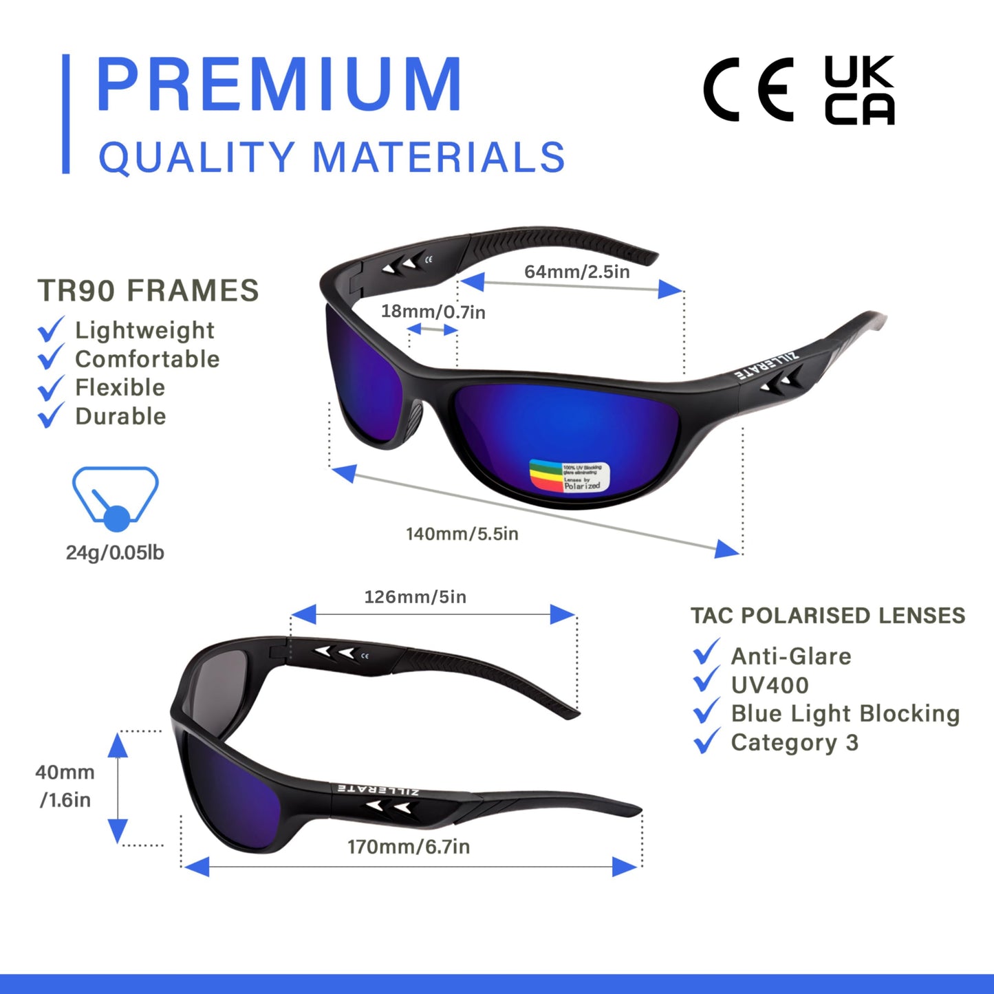ZILLERATE Polarized Sunglasses For Men - Gafas De Sol Para Hombre - Mens & Womens Sport Sun Glasses, Running Golf Driving Fishing Cycling Sports, 100% UV Protection, Light & Durable Wrap Frame